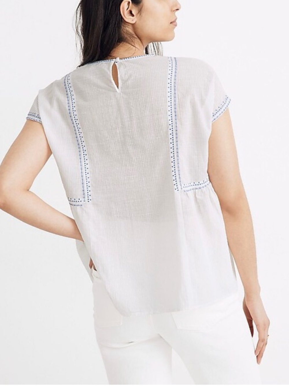 Madewell White Short Sleeve Blouse with Embroidered Blue Trim - Picture 3 of 9